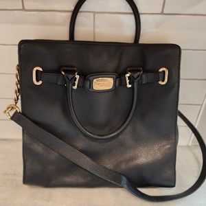 MICHAEL KORS Black Leather Hamilton Belted Tote Handbag